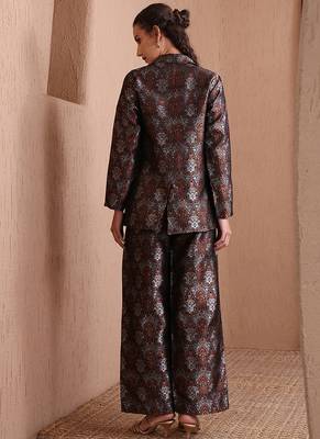 Black faux banarasi brocade co-ord set with designer blazer & wide-leg pants 4