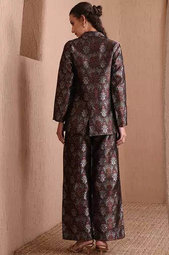Black faux banarasi brocade co-ord set with designer blazer & wide-leg pants