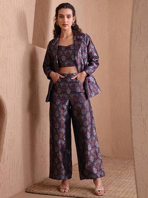 Navy blue faux banarasi brocade co-ord set with designer blazer & wide-leg pants 2