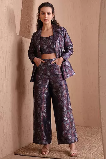 Navy blue faux banarasi brocade co-ord set with designer blazer & wide-leg pants