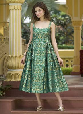 Teal jacquard zari woven a-line midi dress 1