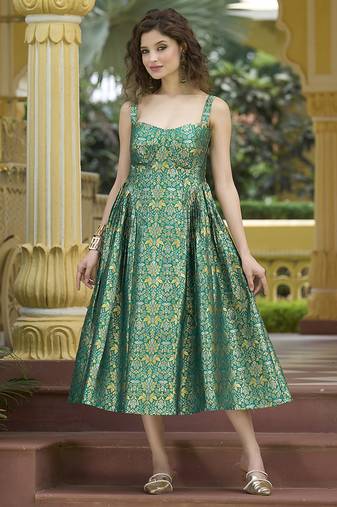 Designer teal jacquard zari woven a-line midi dress