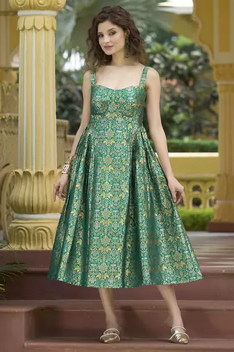 Designer teal jacquard zari woven a-line midi dress