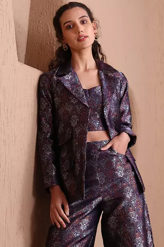 Navy blue faux banarasi brocade co-ord set with designer blazer & wide-leg pants