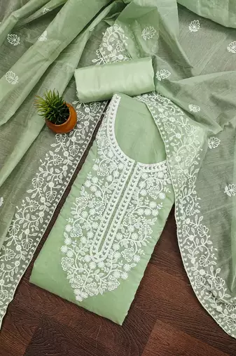 women's Green chanderi cotton white embroidered lucknowi chikankari