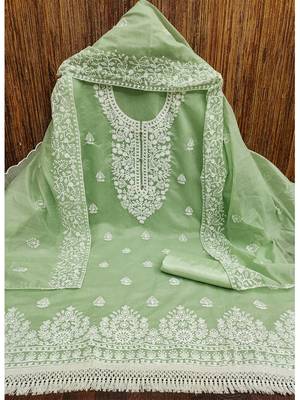 women's Green chanderi cotton white embroidered lucknowi chikankari 3