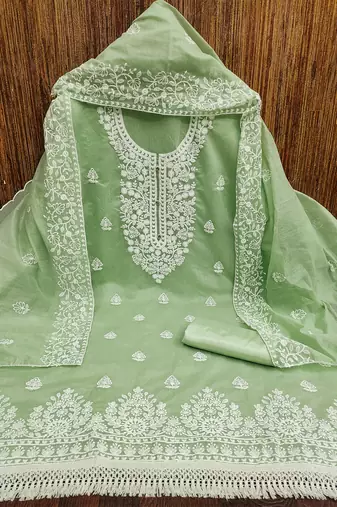 women's Green chanderi cotton white embroidered lucknowi chikankari