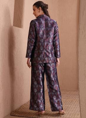 Navy blue faux banarasi brocade co-ord set with designer blazer & wide-leg pants 4