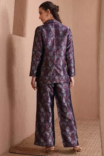Navy blue faux banarasi brocade co-ord set with designer blazer & wide-leg pants