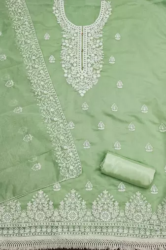women's Green chanderi cotton white embroidered lucknowi chikankari