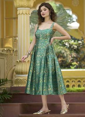 Teal jacquard zari woven a-line midi dress 3