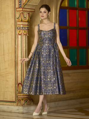 Navy blue jacquard zari woven a-line midi dress 1