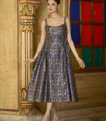 Navy blue jacquard zari woven a-line midi dress