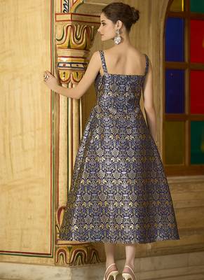 Navy blue jacquard zari woven a-line midi dress 2