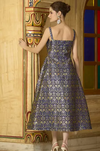 Navy blue jacquard zari woven a-line midi dress