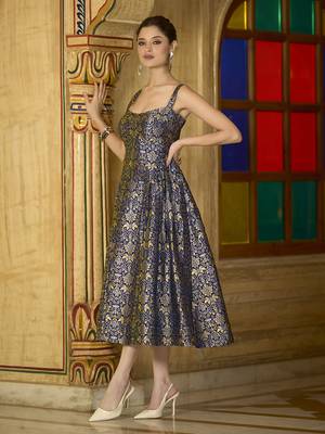 Navy blue jacquard zari woven a-line midi dress 3