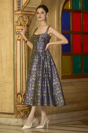 Navy blue jacquard zari woven a-line midi dress
