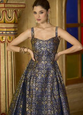 Navy blue jacquard zari woven a-line midi dress 4