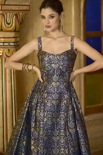 Navy blue jacquard zari woven a-line midi dress