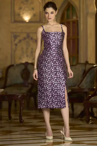 Wine floral weaving zari jacquard bodycon midi dress with slit cut