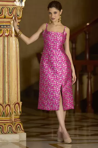 Pink floral weaving zari jacquard bodycon midi dress with slit cut