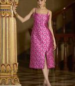 Pink floral weaving zari jacquard bodycon midi dress with slit cut