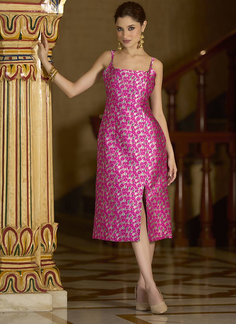 Pink floral weaving zari jacquard bodycon midi dress with slit cut