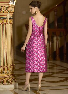 Pink floral weaving zari jacquard bodycon midi dress with slit cut 2