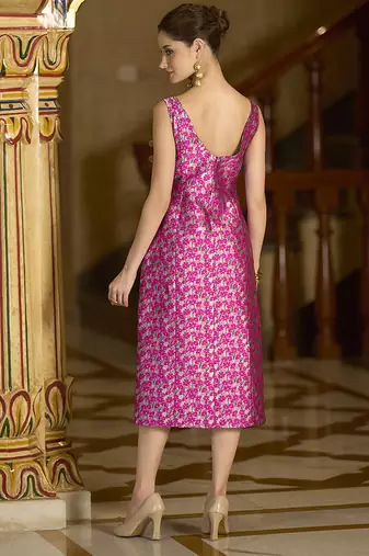 Pink floral weaving zari jacquard bodycon midi dress with slit cut