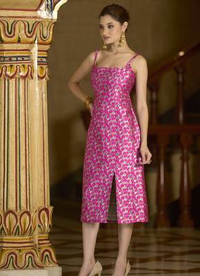 Pink floral weaving zari jacquard bodycon midi dress with slit cut 3