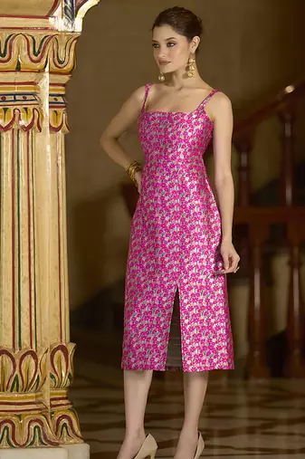 Pink floral weaving zari jacquard bodycon midi dress with slit cut