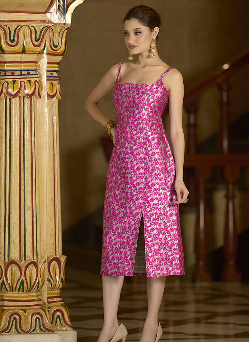 Pink floral weaving zari jacquard bodycon midi dress with slit cut