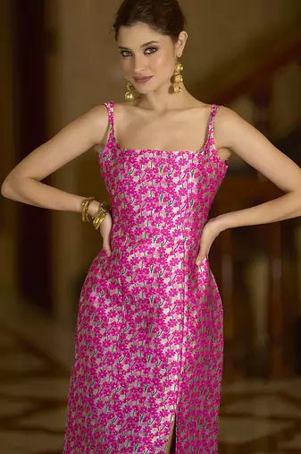 Pink floral weaving zari jacquard bodycon midi dress with slit cut