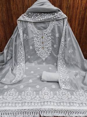 women's Grey chanderi cotton white embroidered lucknowi chikankari 2