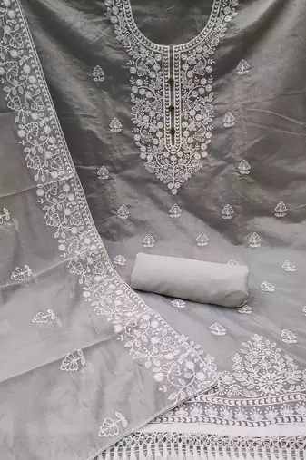 women's Grey chanderi cotton white embroidered lucknowi chikankari