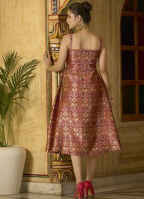 Maroon jacquard zari woven a-line midi dress 2