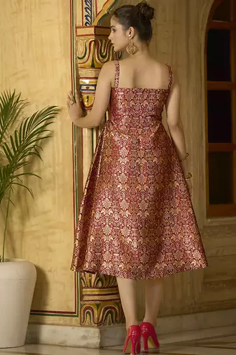 Maroon jacquard zari woven a-line midi dress