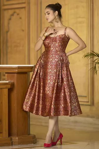 Maroon jacquard zari woven a-line midi dress