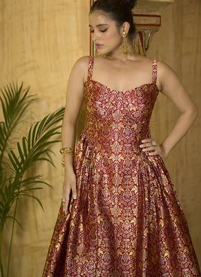 Maroon jacquard zari woven a-line midi dress 4