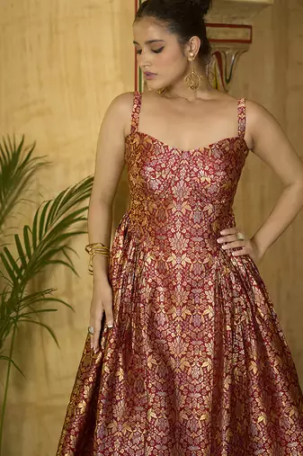 Maroon jacquard zari woven a-line midi dress