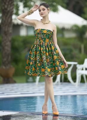 Green floral weaving zari jacquard strapless mini dress 1