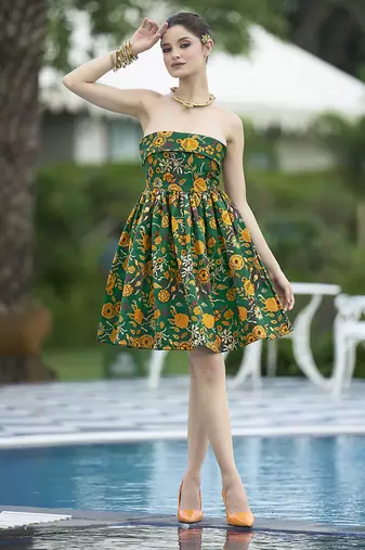 Green floral weaving zari jacquard strapless mini dress