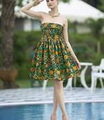 Green floral weaving zari jacquard strapless mini dress