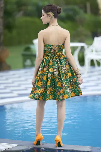 Green floral weaving zari jacquard strapless mini dress