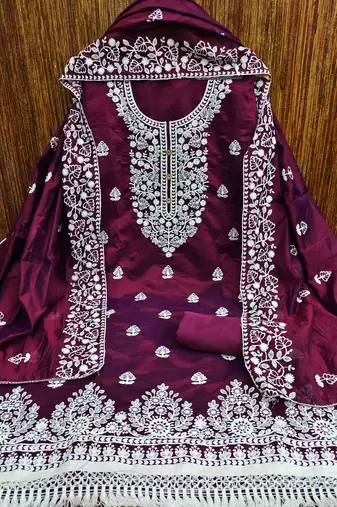 women's Burgandy chanderi cotton white embroidered lucknowi chikankari