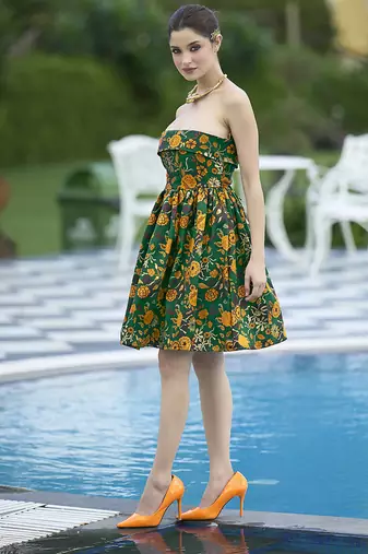 Green floral weaving zari jacquard strapless mini dress