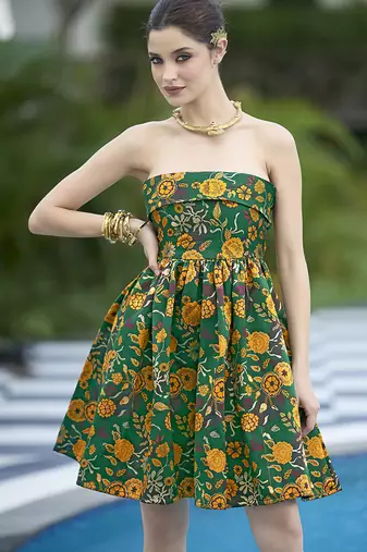 Green floral weaving zari jacquard strapless mini dress