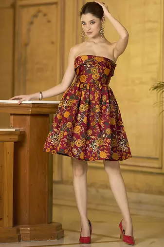 Maroon floral weaving zari jacquard strapless mini dress