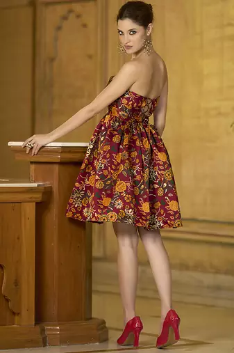 Maroon floral weaving zari jacquard strapless mini dress