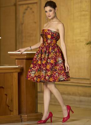 Maroon floral weaving zari jacquard strapless mini dress 3
